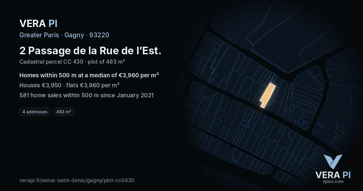 2 Passage de la Rue de l’Est, Gagny at night – the plot lit, the parcels around coloured by the prices near them