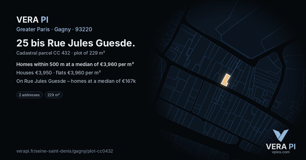 25 bis Rue Jules Guesde, Gagny at night – the plot lit, the parcels around coloured by the prices near them