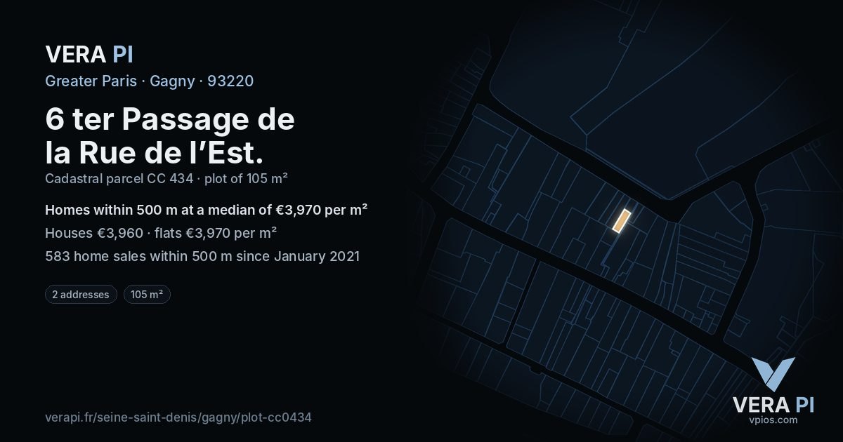 6 ter Passage de la Rue de l’Est, Gagny at night – the plot lit, the parcels around coloured by the prices near them