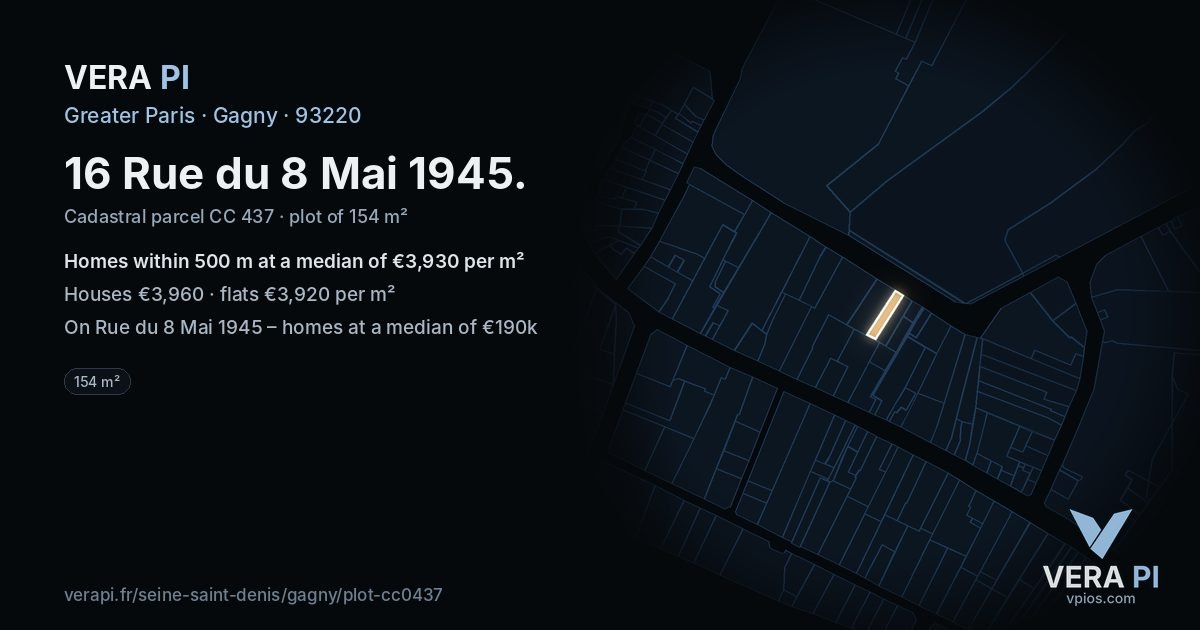 16 Rue du 8 Mai 1945, Gagny at night – the plot lit, the parcels around coloured by the prices near them