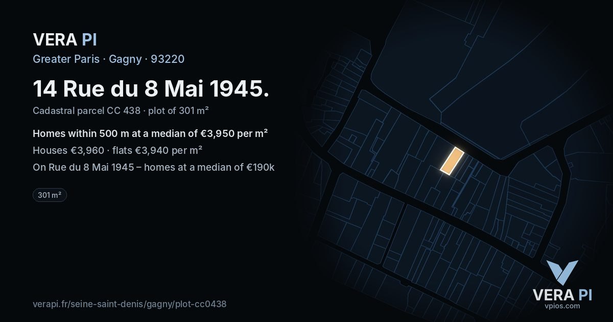 14 Rue du 8 Mai 1945, Gagny at night – the plot lit, the parcels around coloured by the prices near them