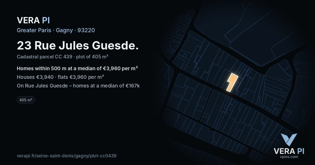 23 Rue Jules Guesde, Gagny at night – the plot lit, the parcels around coloured by the prices near them