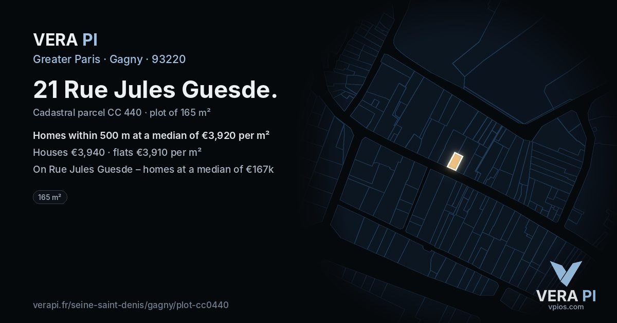 21 Rue Jules Guesde, Gagny at night – the plot lit, the parcels around coloured by the prices near them