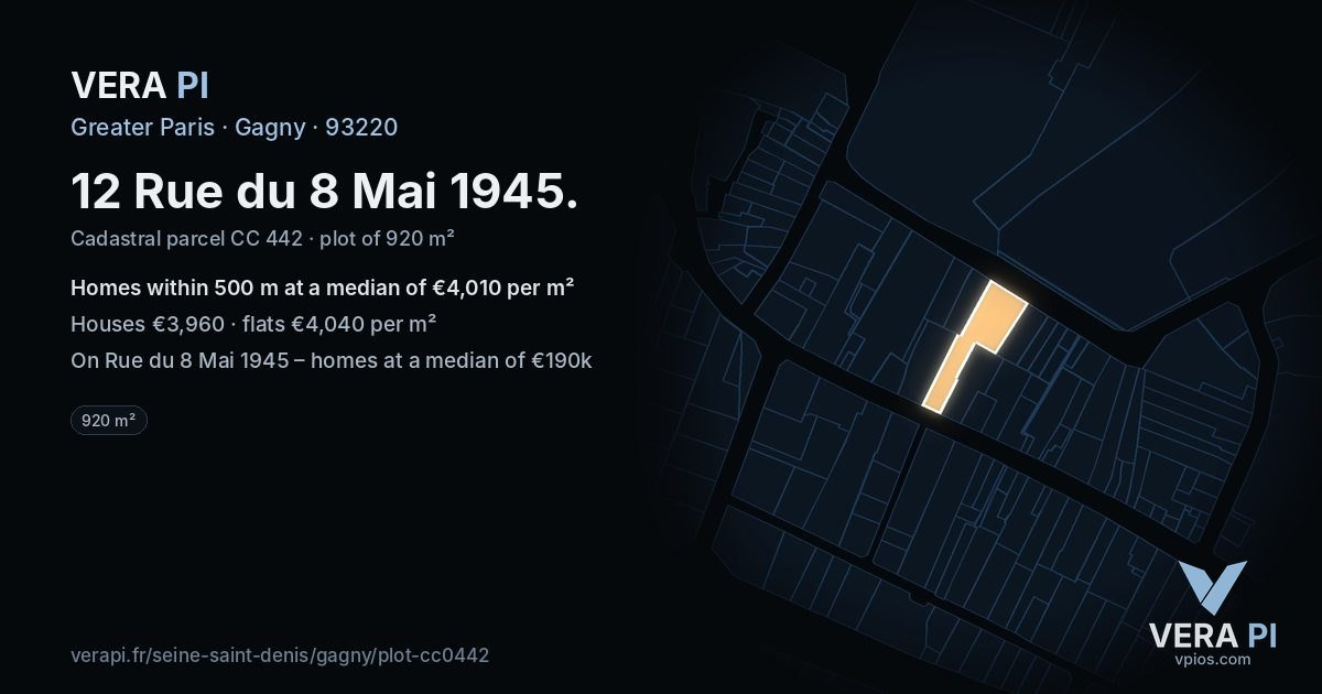 12 Rue du 8 Mai 1945, Gagny at night – the plot lit, the parcels around coloured by the prices near them
