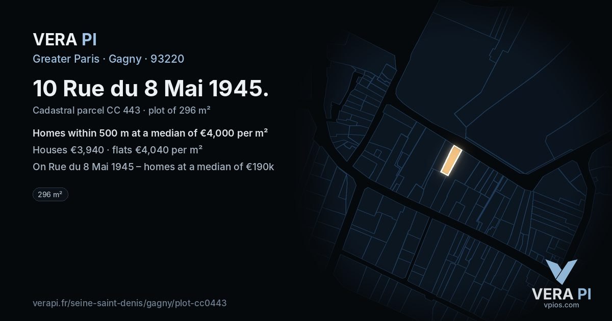 10 Rue du 8 Mai 1945, Gagny at night – the plot lit, the parcels around coloured by the prices near them