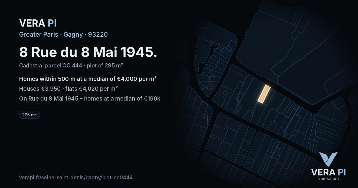 8 Rue du 8 Mai 1945, Gagny at night – the plot lit, the parcels around coloured by the prices near them