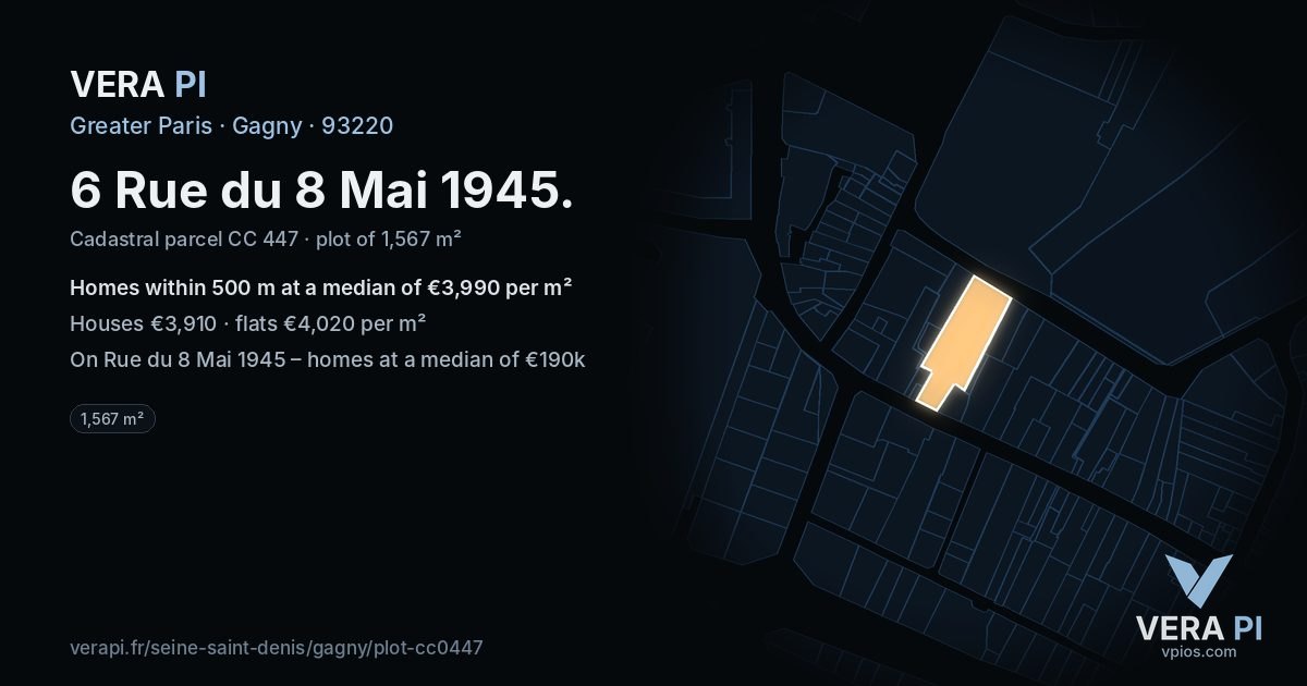 6 Rue du 8 Mai 1945, Gagny at night – the plot lit, the parcels around coloured by the prices near them