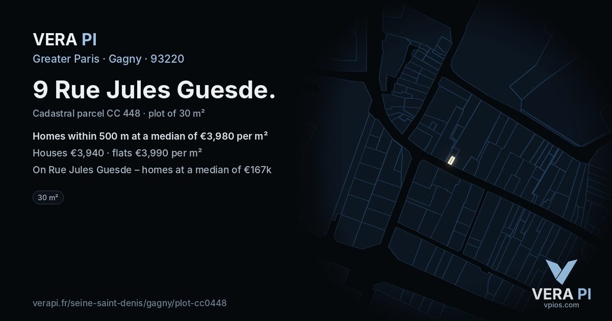 9 Rue Jules Guesde, Gagny at night – the plot lit, the parcels around coloured by the prices near them