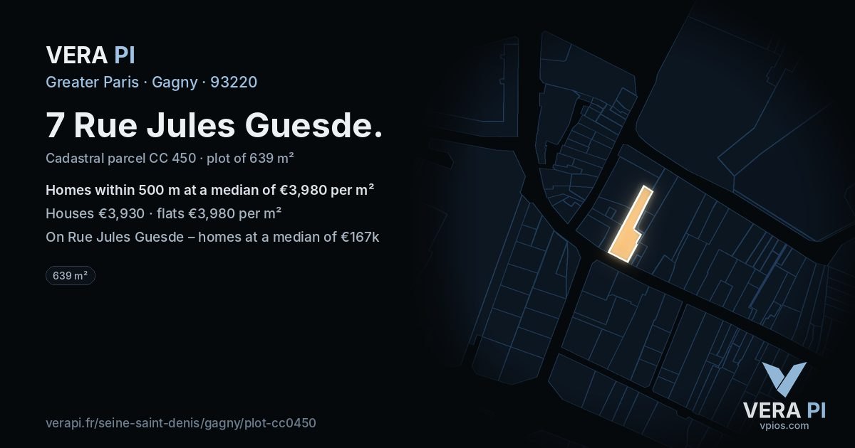 7 Rue Jules Guesde, Gagny at night – the plot lit, the parcels around coloured by the prices near them