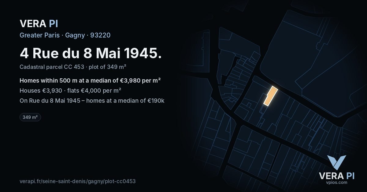 4 Rue du 8 Mai 1945, Gagny at night – the plot lit, the parcels around coloured by the prices near them
