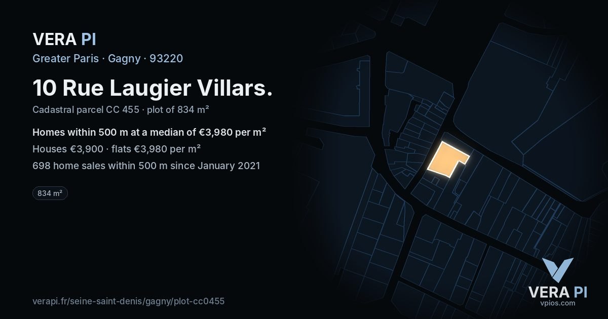 10 Rue Laugier Villars, Gagny at night – the plot lit, the parcels around coloured by the prices near them