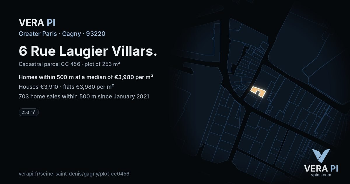 6 Rue Laugier Villars, Gagny at night – the plot lit, the parcels around coloured by the prices near them