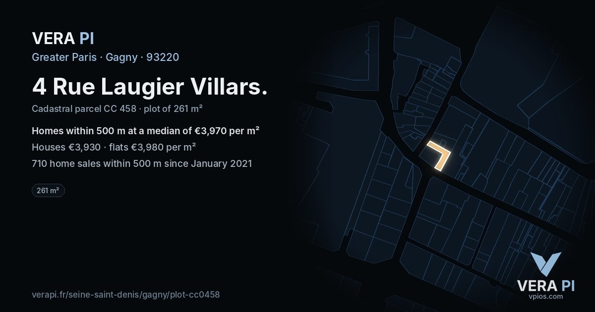 4 Rue Laugier Villars, Gagny at night – the plot lit, the parcels around coloured by the prices near them