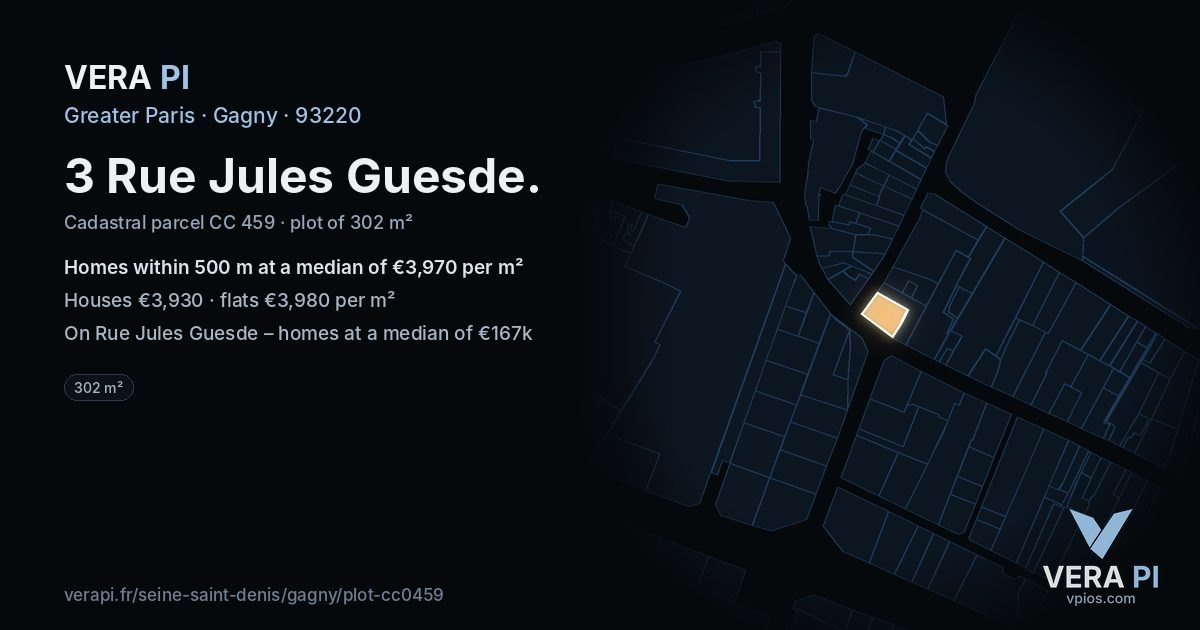 3 Rue Jules Guesde, Gagny at night – the plot lit, the parcels around coloured by the prices near them