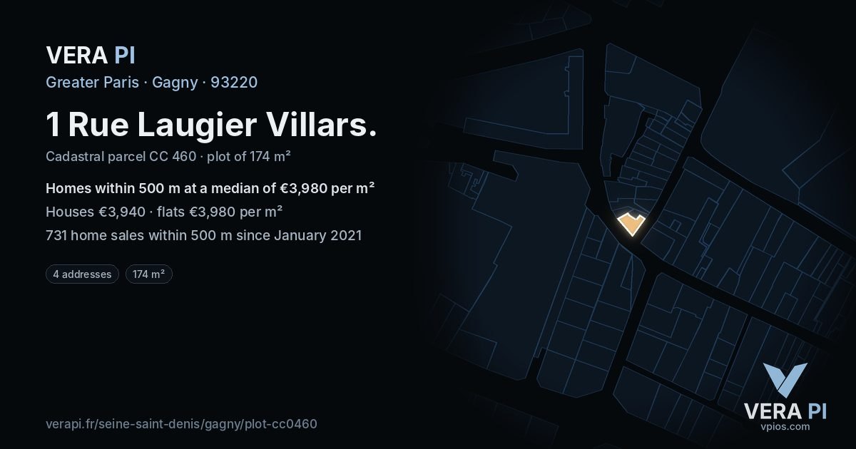 1 Rue Laugier Villars, Gagny at night – the plot lit, the parcels around coloured by the prices near them