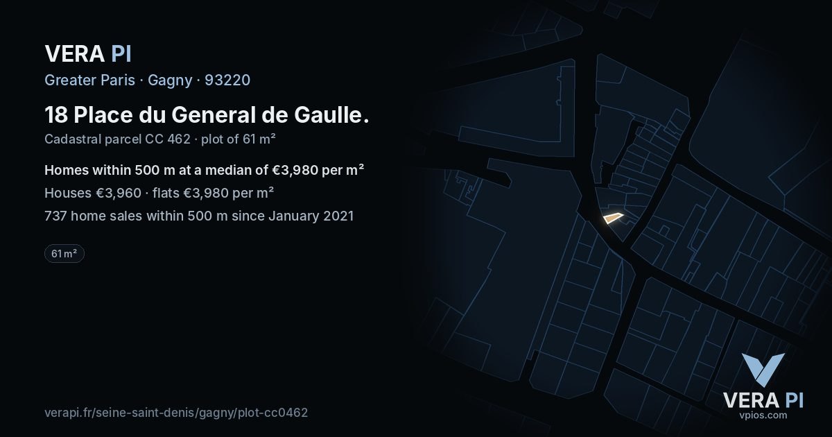 18 Place du General de Gaulle, Gagny at night – the plot lit, the parcels around coloured by the prices near them