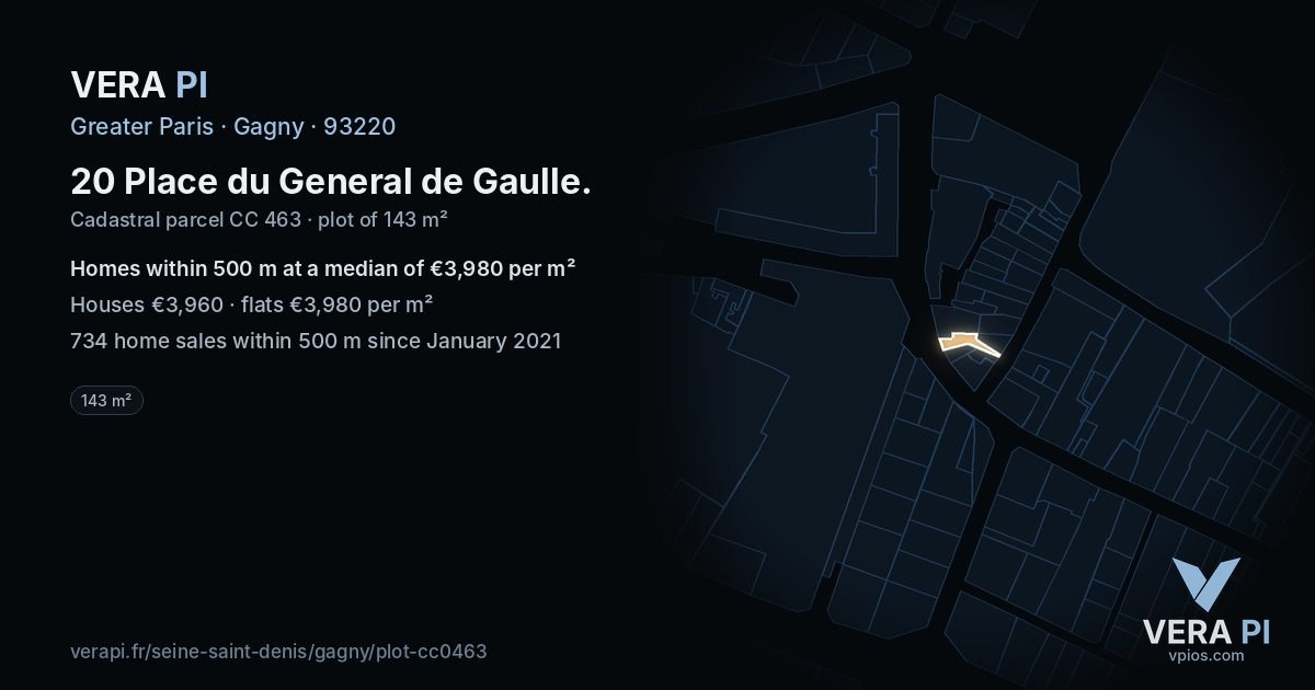 20 Place du General de Gaulle, Gagny at night – the plot lit, the parcels around coloured by the prices near them