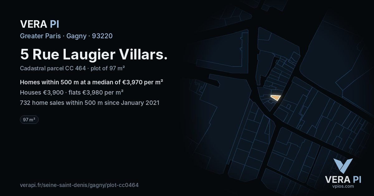 5 Rue Laugier Villars, Gagny at night – the plot lit, the parcels around coloured by the prices near them