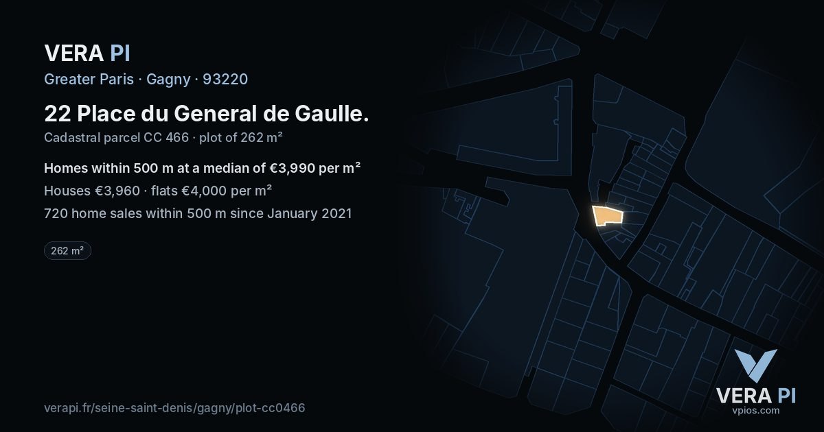 22 Place du General de Gaulle, Gagny at night – the plot lit, the parcels around coloured by the prices near them