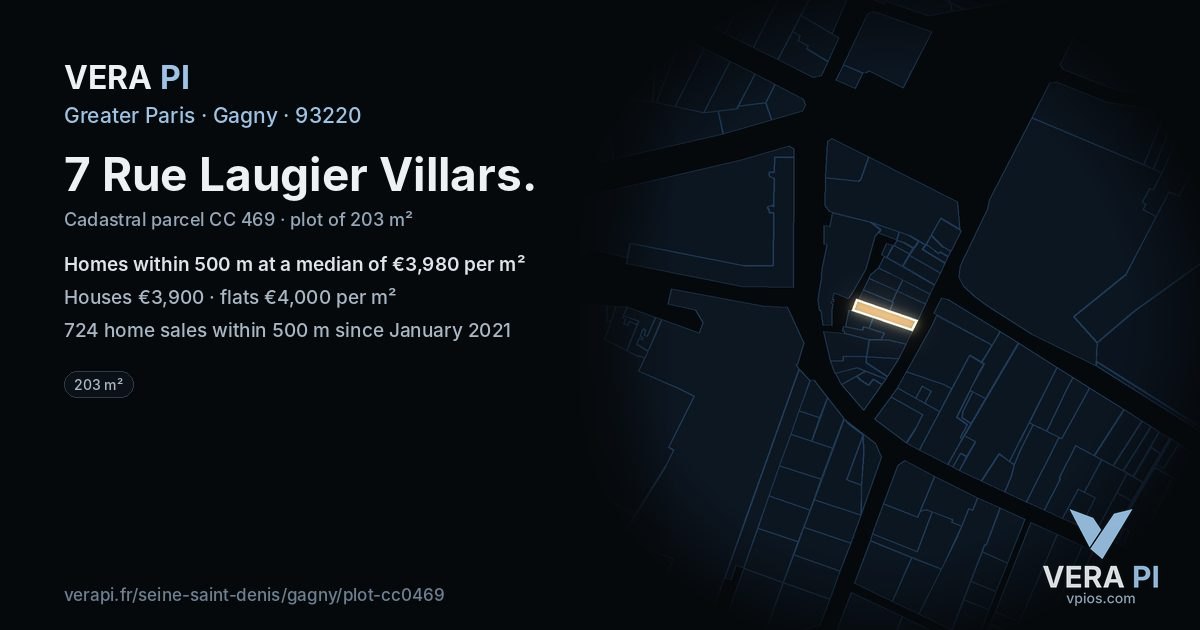 7 Rue Laugier Villars, Gagny at night – the plot lit, the parcels around coloured by the prices near them