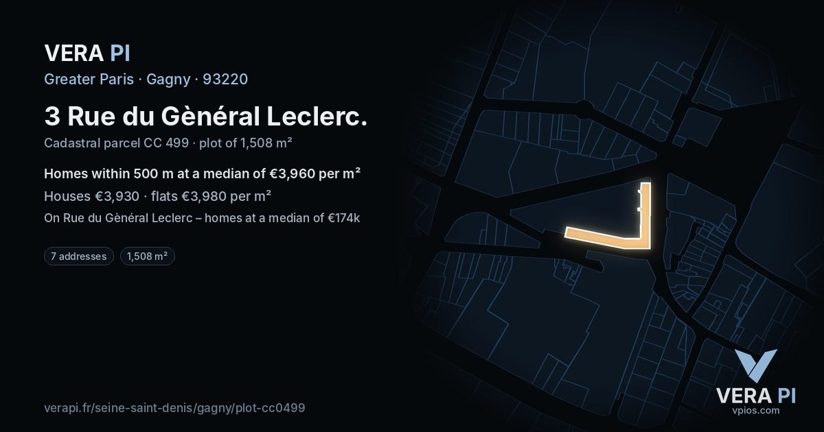 3 Rue du Gènéral Leclerc, Gagny at night – the plot lit, the parcels around coloured by the prices near them