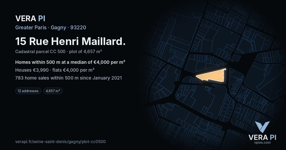 15 Rue Henri Maillard, Gagny at night – the plot lit, the parcels around coloured by the prices near them