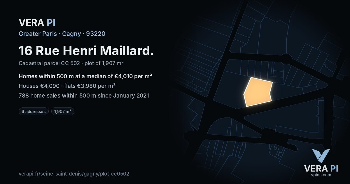 16 Rue Henri Maillard, Gagny at night – the plot lit, the parcels around coloured by the prices near them