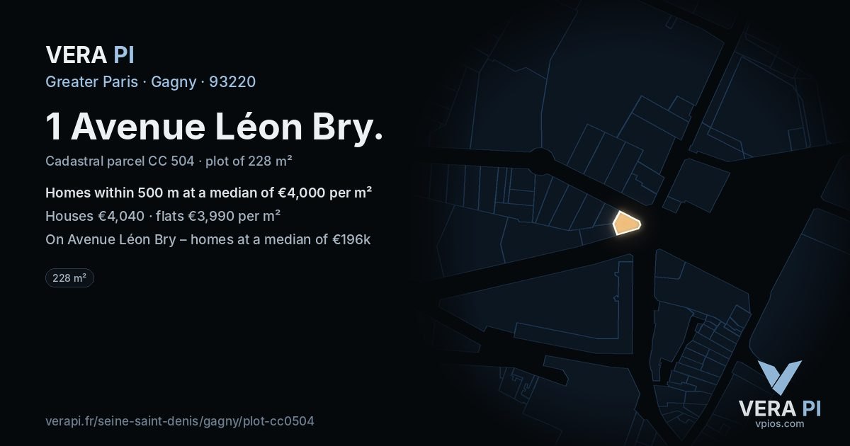1 Avenue Léon Bry, Gagny at night – the plot lit, the parcels around coloured by the prices near them