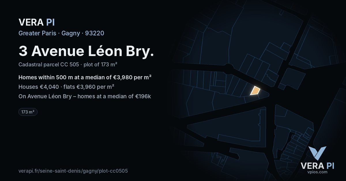 3 Avenue Léon Bry, Gagny at night – the plot lit, the parcels around coloured by the prices near them