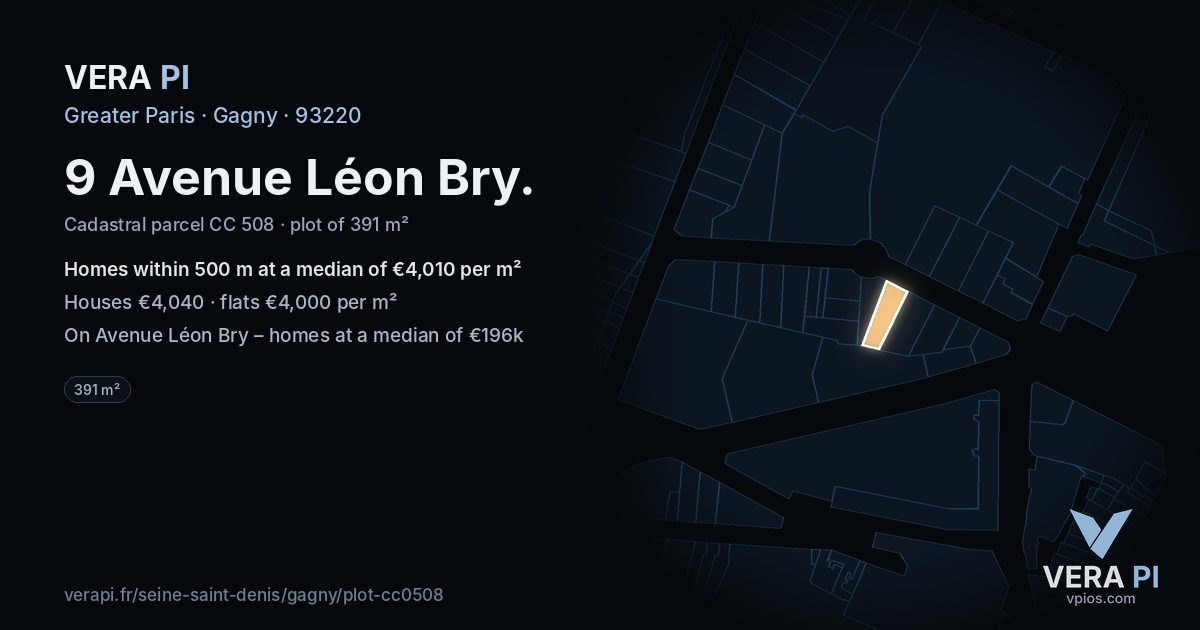 9 Avenue Léon Bry, Gagny at night – the plot lit, the parcels around coloured by the prices near them