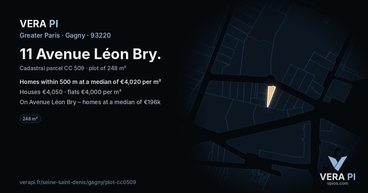 11 Avenue Léon Bry, Gagny at night – the plot lit, the parcels around coloured by the prices near them