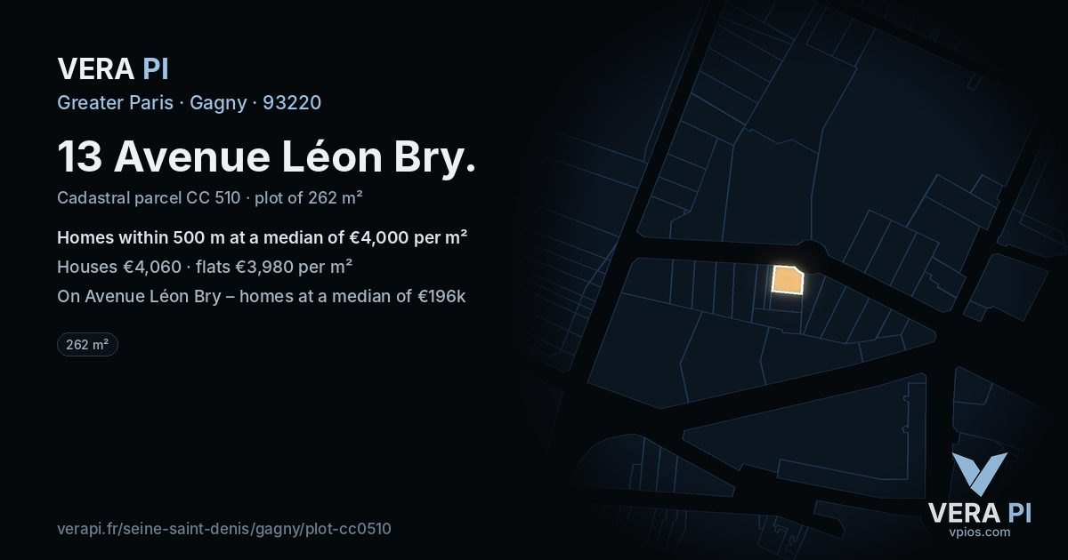 13 Avenue Léon Bry, Gagny at night – the plot lit, the parcels around coloured by the prices near them