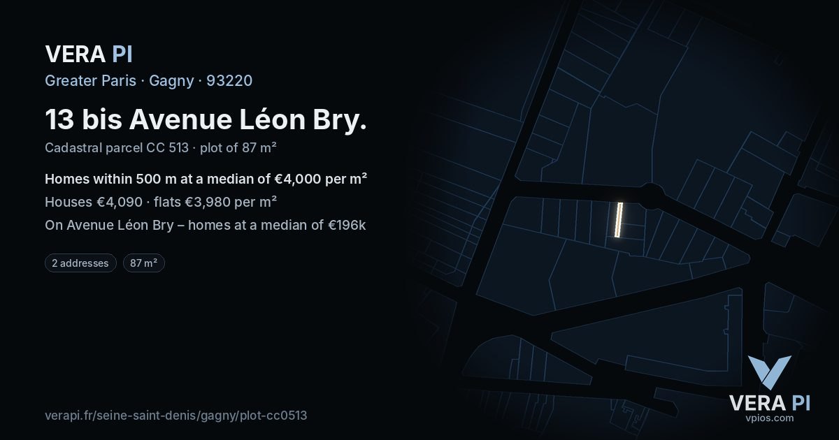 13 bis Avenue Léon Bry, Gagny at night – the plot lit, the parcels around coloured by the prices near them
