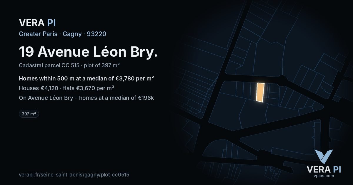 19 Avenue Léon Bry, Gagny at night – the plot lit, the parcels around coloured by the prices near them