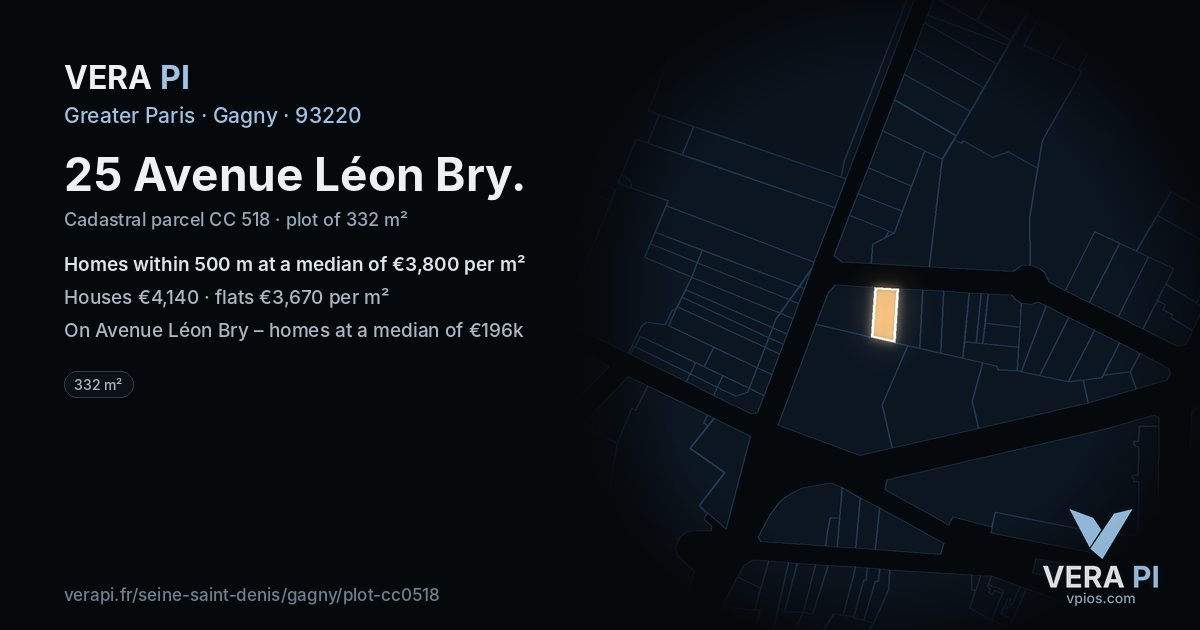 25 Avenue Léon Bry, Gagny at night – the plot lit, the parcels around coloured by the prices near them
