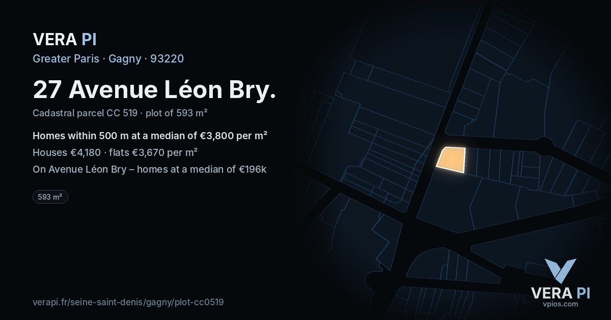 27 Avenue Léon Bry, Gagny at night – the plot lit, the parcels around coloured by the prices near them