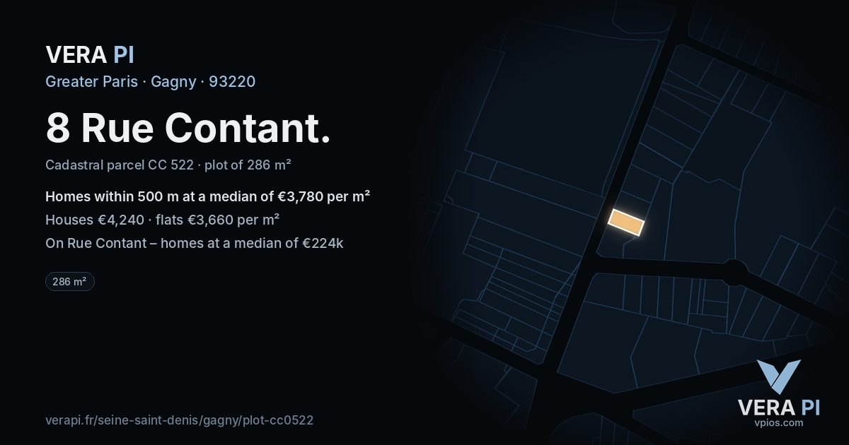 8 Rue Contant, Gagny at night – the plot lit, the parcels around coloured by the prices near them