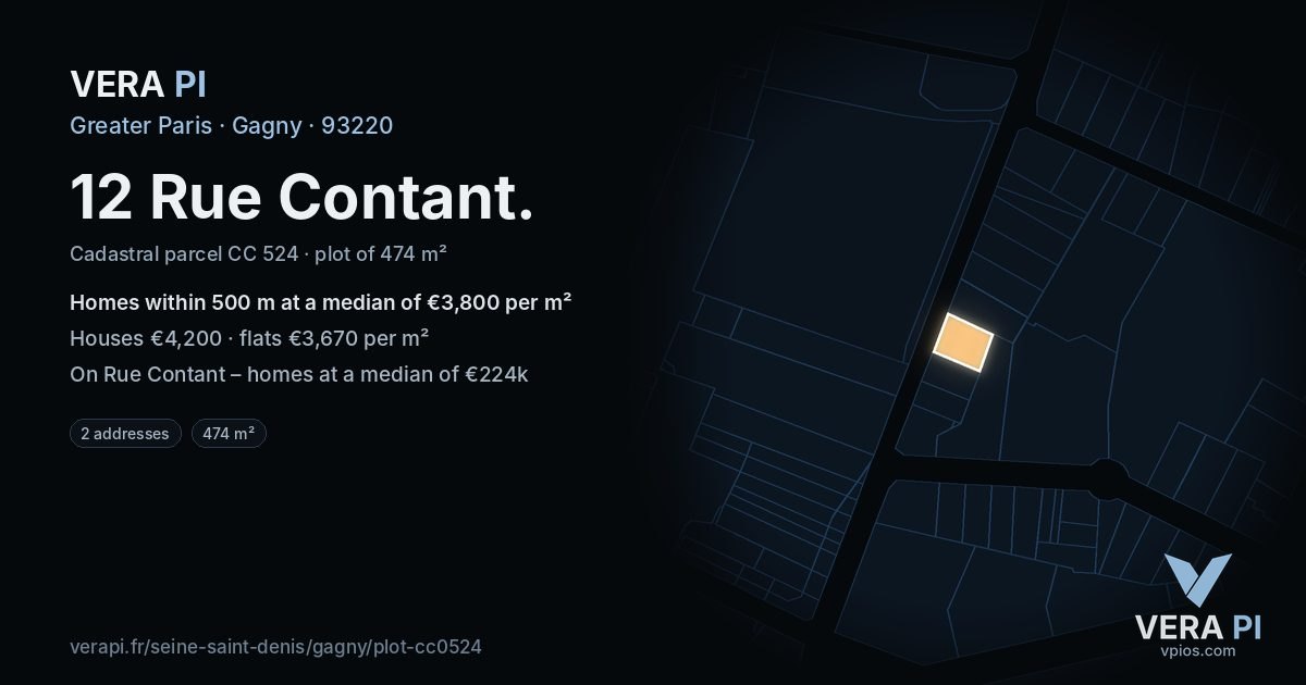 12 Rue Contant, Gagny at night – the plot lit, the parcels around coloured by the prices near them