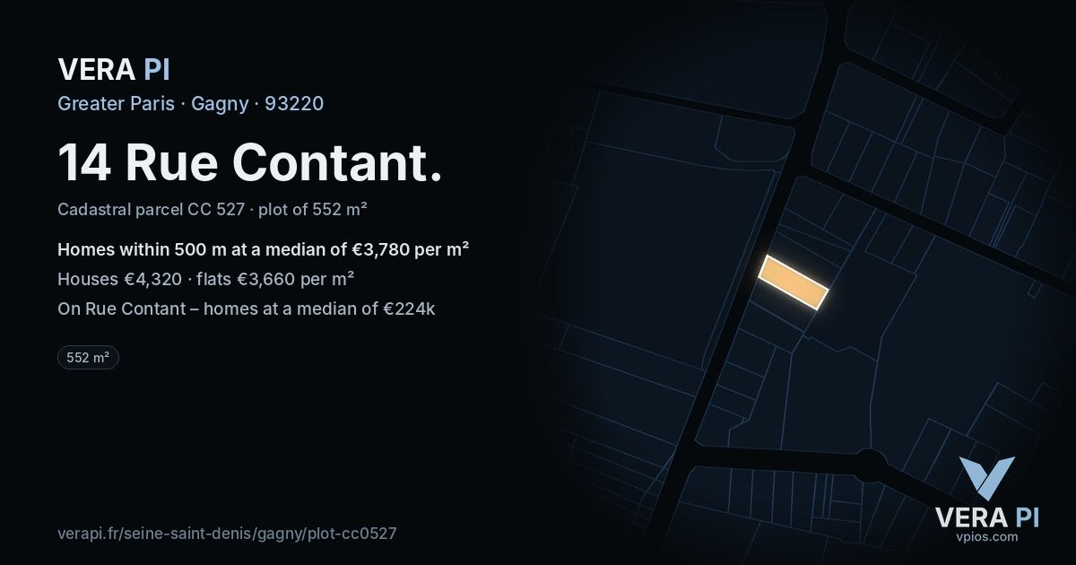 14 Rue Contant, Gagny at night – the plot lit, the parcels around coloured by the prices near them
