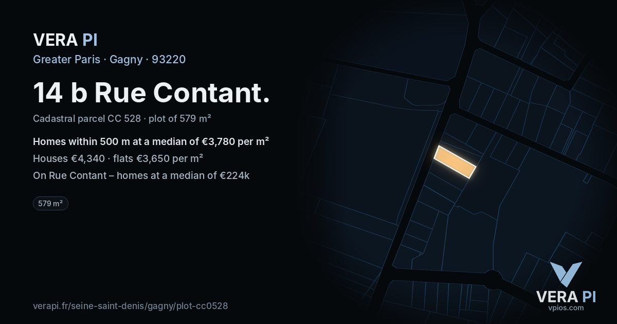 14 b Rue Contant, Gagny at night – the plot lit, the parcels around coloured by the prices near them