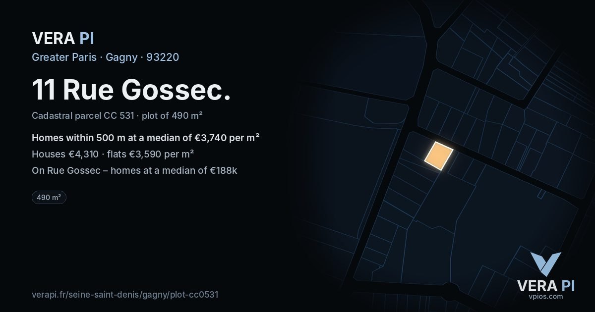 11 Rue Gossec, Gagny at night – the plot lit, the parcels around coloured by the prices near them