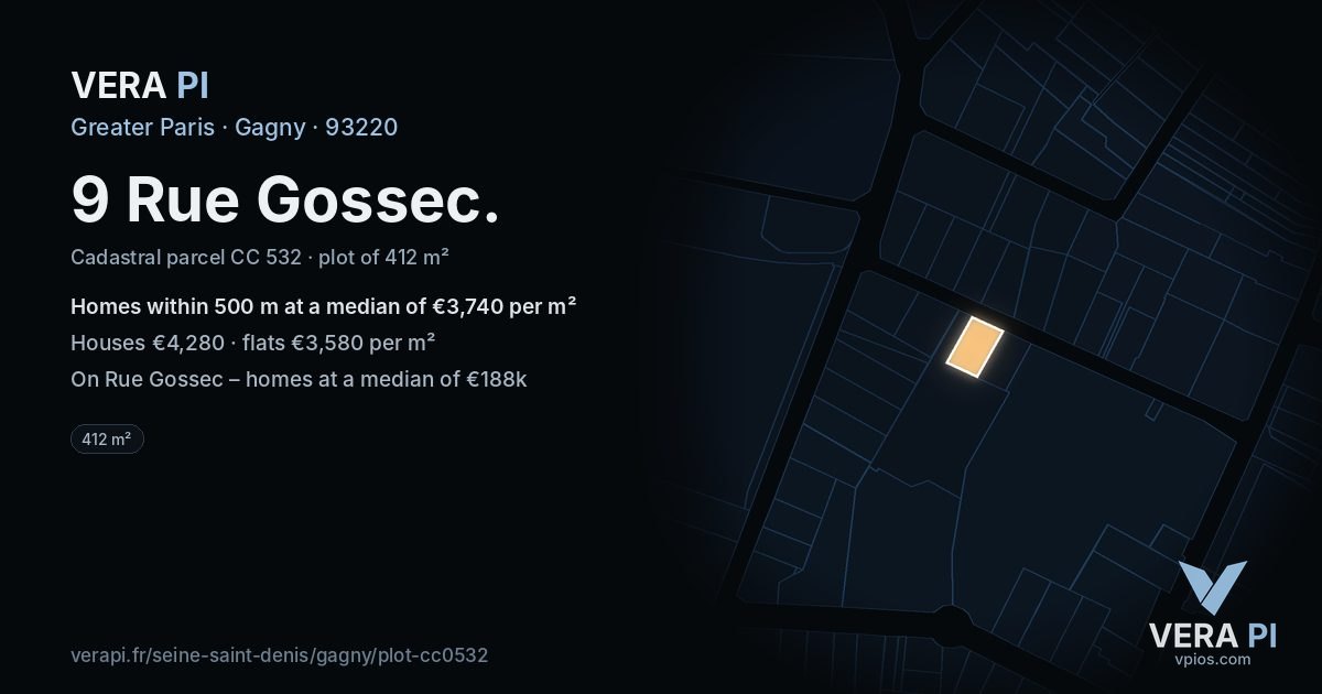 9 Rue Gossec, Gagny at night – the plot lit, the parcels around coloured by the prices near them