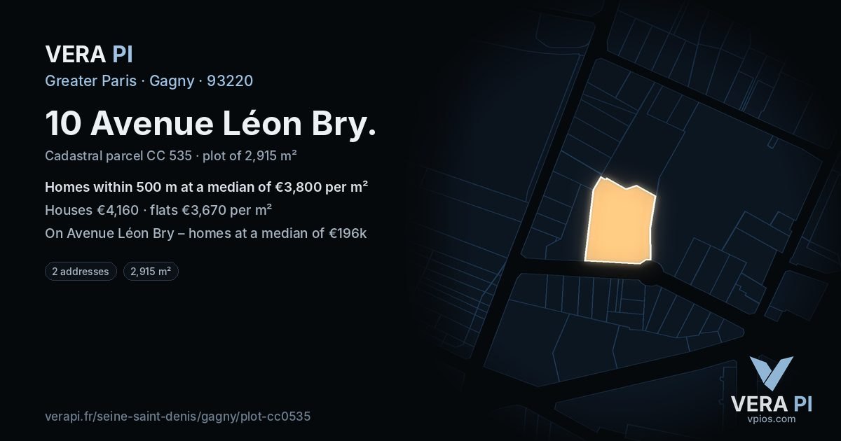 10 Avenue Léon Bry, Gagny at night – the plot lit, the parcels around coloured by the prices near them