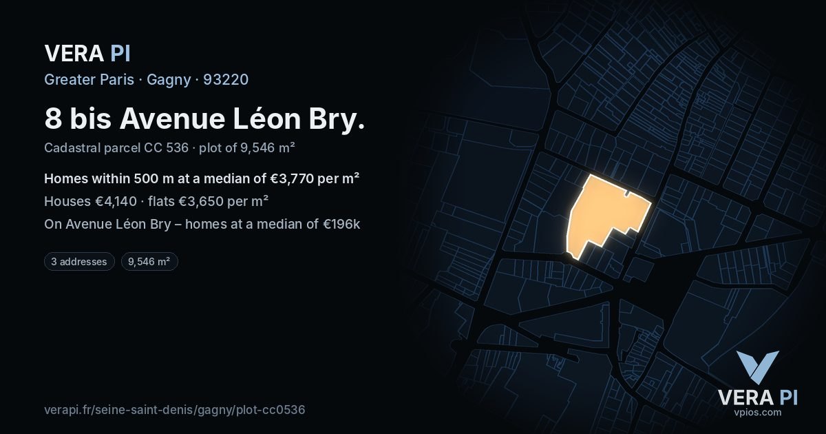 8 bis Avenue Léon Bry, Gagny at night – the plot lit, the parcels around coloured by the prices near them