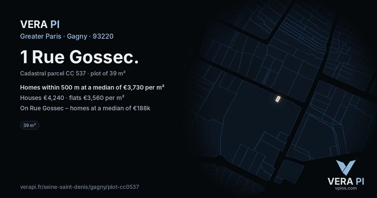 1 Rue Gossec, Gagny at night – the plot lit, the parcels around coloured by the prices near them