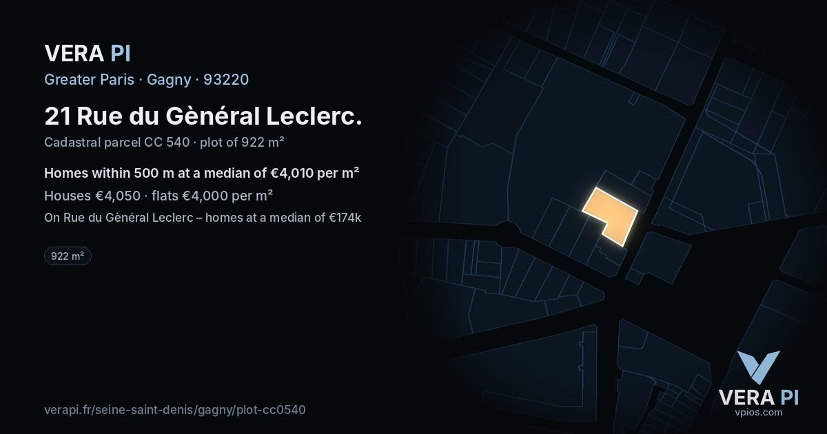 21 Rue du Gènéral Leclerc, Gagny at night – the plot lit, the parcels around coloured by the prices near them