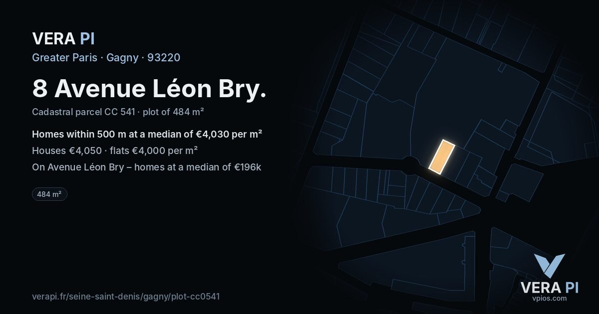 8 Avenue Léon Bry, Gagny at night – the plot lit, the parcels around coloured by the prices near them