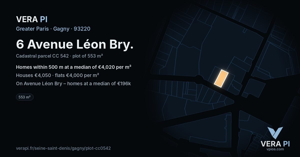 6 Avenue Léon Bry, Gagny at night – the plot lit, the parcels around coloured by the prices near them