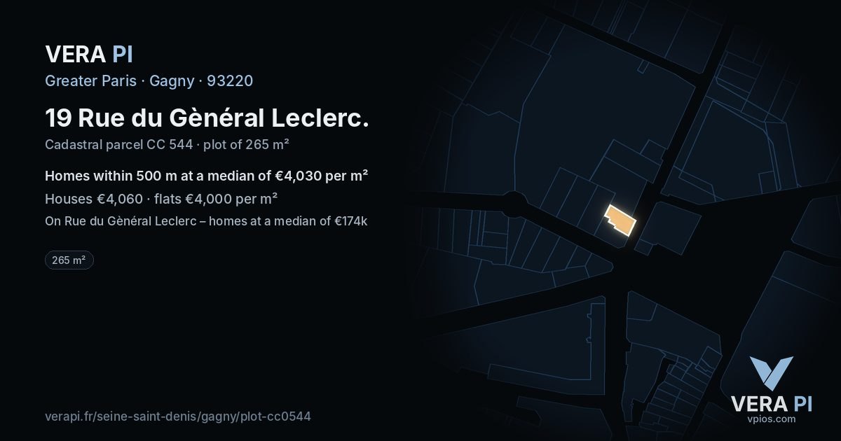 19 Rue du Gènéral Leclerc, Gagny at night – the plot lit, the parcels around coloured by the prices near them