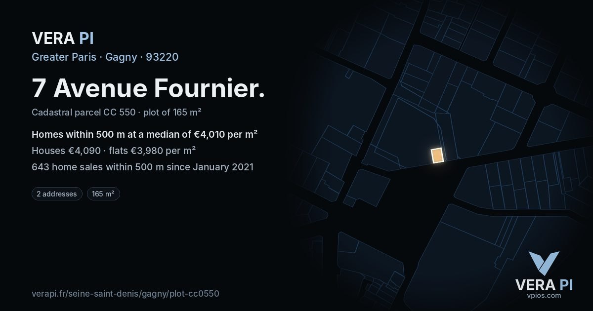 7 Avenue Fournier, Gagny at night – the plot lit, the parcels around coloured by the prices near them